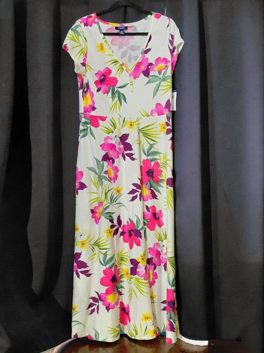 Chaps Pink and White Florak   Midi Dress,V-Neck Fit and Flare Dress